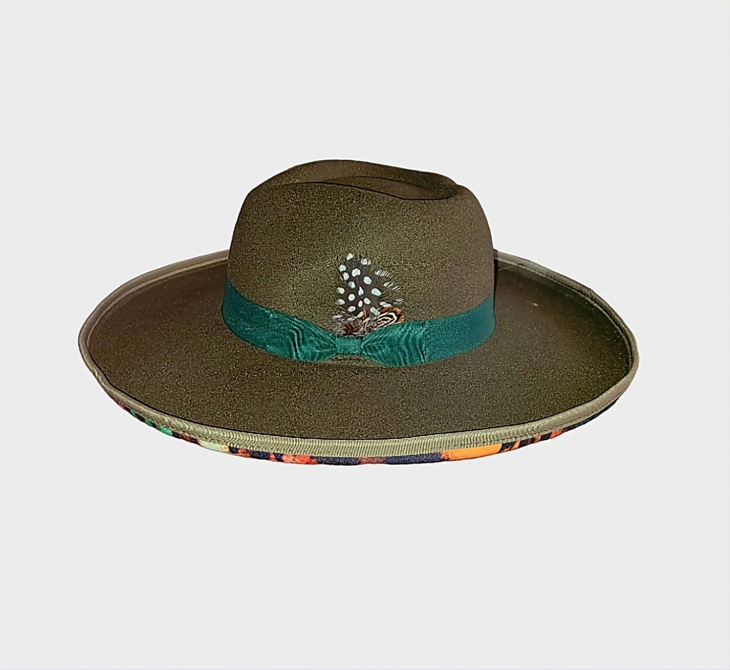 Slicklidz Army Green Fedora 4&quot; wide brim with Green band &amp; feather. Multicolored bottom