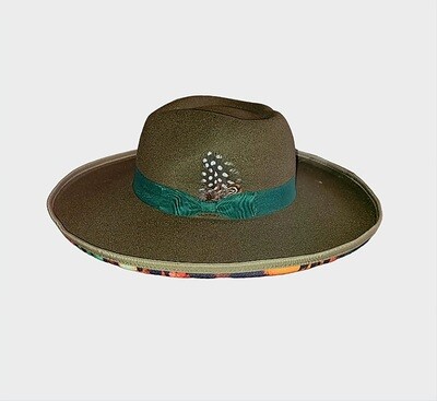 Slicklidz Army Green Fedora 4&quot; wide brim with Green band &amp; feather. Multicolored bottom