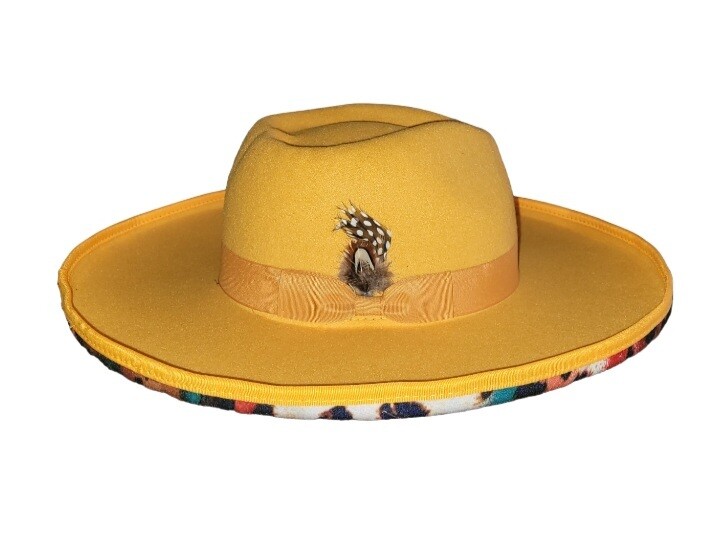 Slicklidz Mustard Fedora 4&quot; wide brim with mustard band &amp; feather. Multicolored bottom