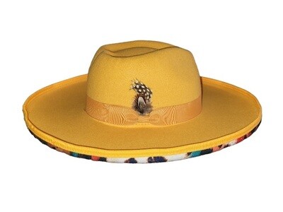 Slicklidz Mustard Fedora 4&quot; wide brim with mustard band &amp; feather. Multicolored bottom