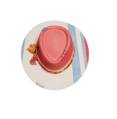 Slicklidz Custom Burned and hand painted Cream Fedora with Coral &amp; Gray