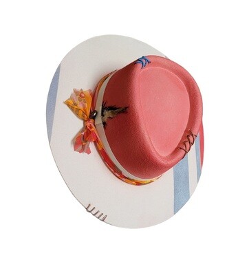 Slicklidz Custom Burned and hand painted Cream Fedora with Coral &amp; Gray