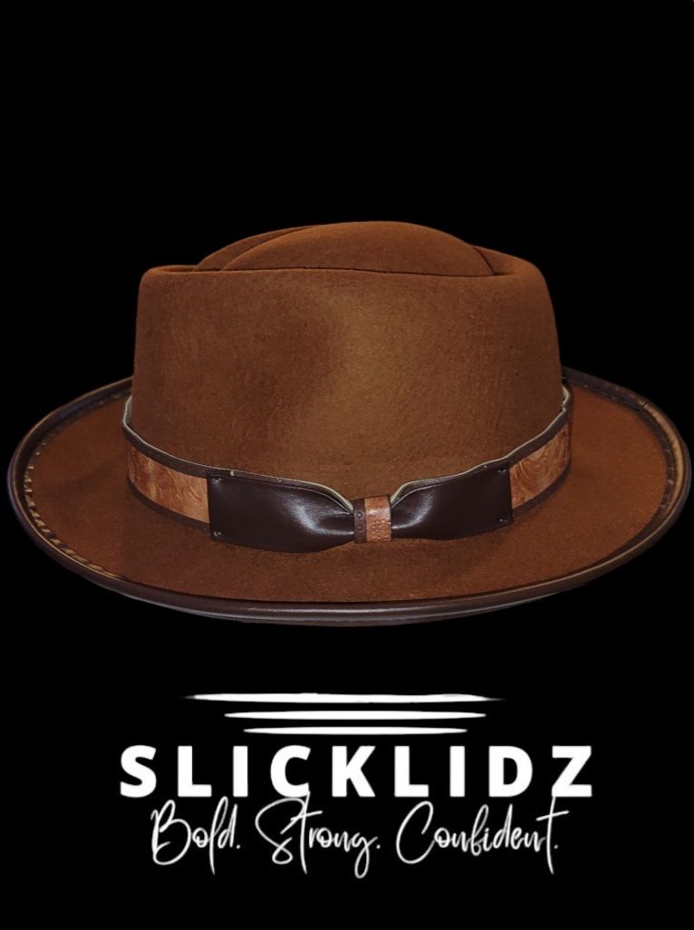 Slicklidz Rust Fedora Hat with sloped  top and brown floral band