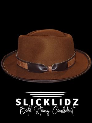 Slicklidz Rust Fedora Hat with sloped  top and brown floral band