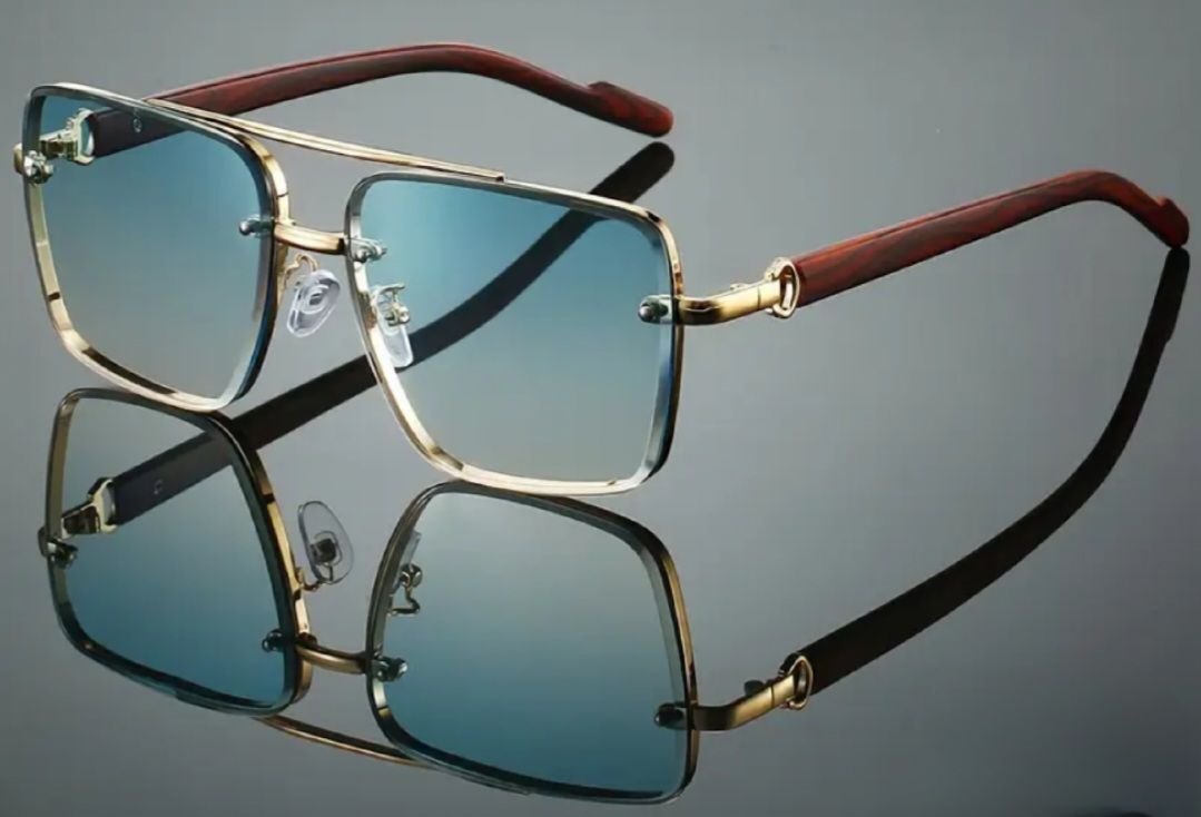 Slicklidz Sunglasses Gold and Wooden frames with Blue tint