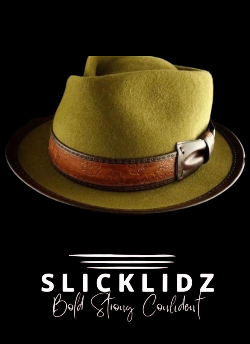 Slicklidz Fall Green Fedora Hat with sloped  top and brown floral band LARGE SIZE ONLY