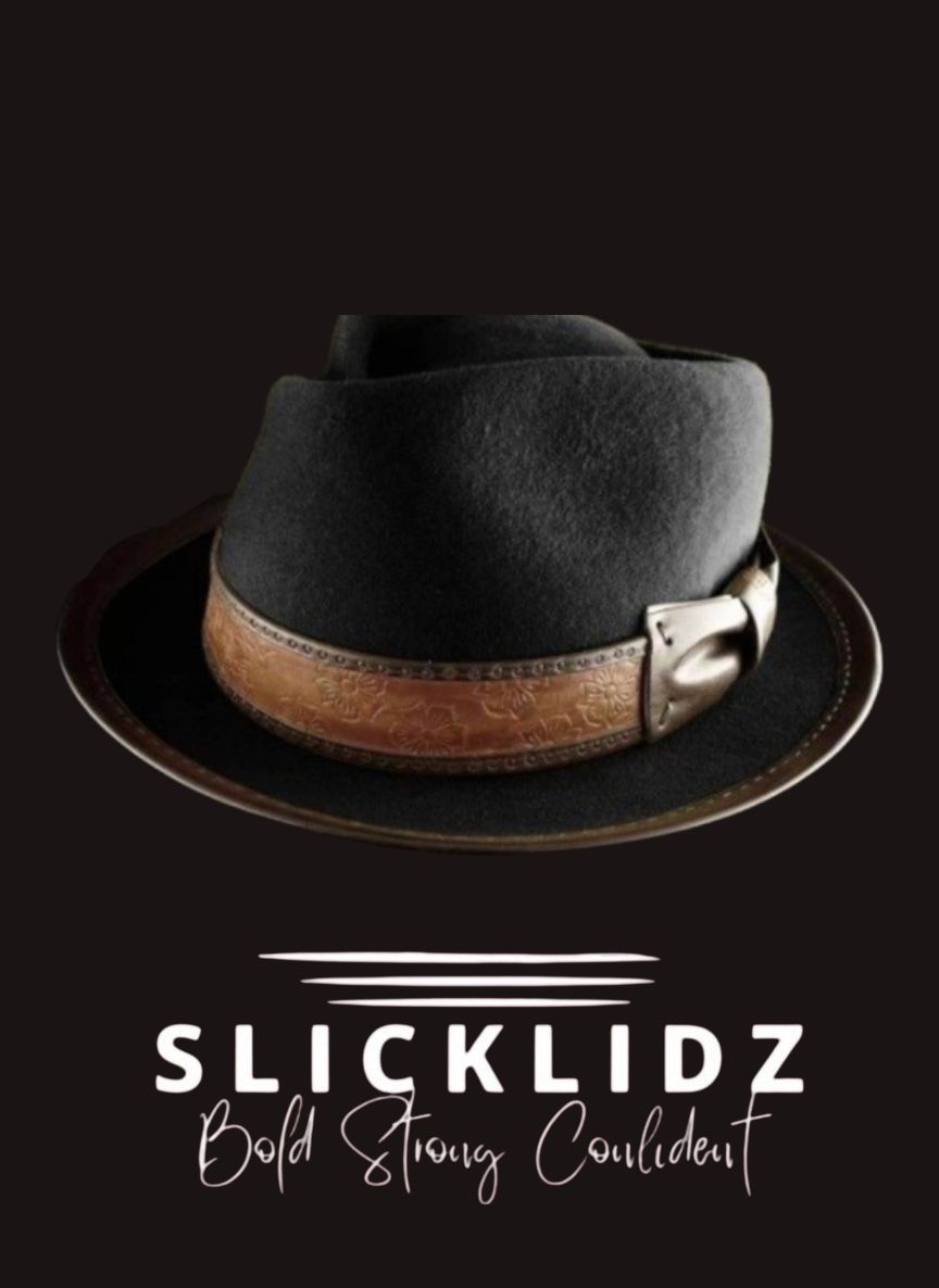 Slicklidz Black Fedora Hat with sloped  top and brown floral band LARGE SIZE ONLY