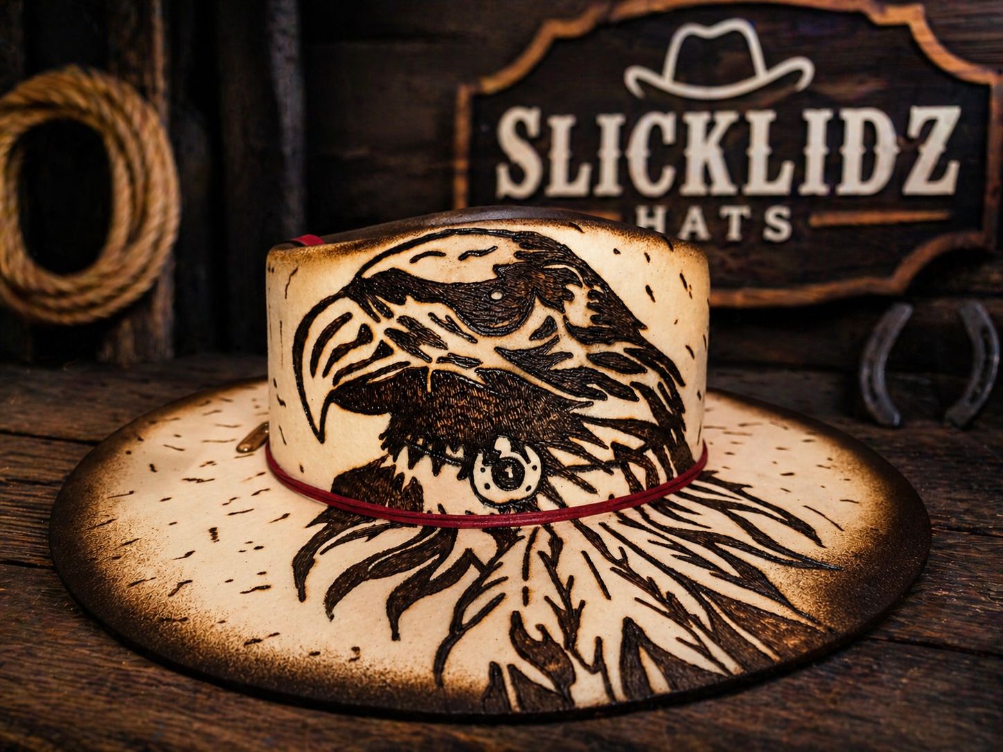 Slicklidz Custom Hand Burned "Crimson Talon" Eagle Fedora