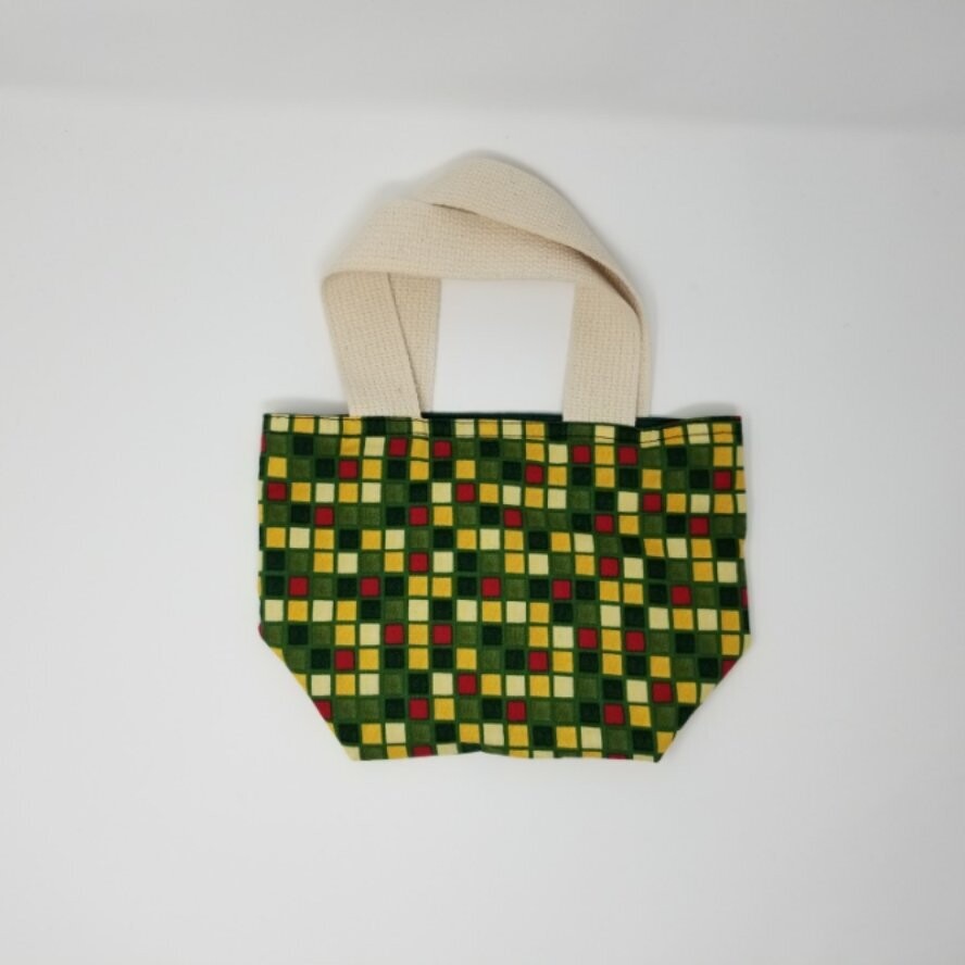 Green Checkers Tan Fabric Handles