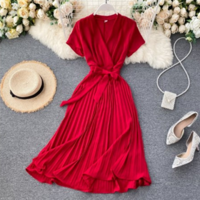 Dresses Summer Streetwear Vintage Dress Women V neck Short Sleeves Sashes Long