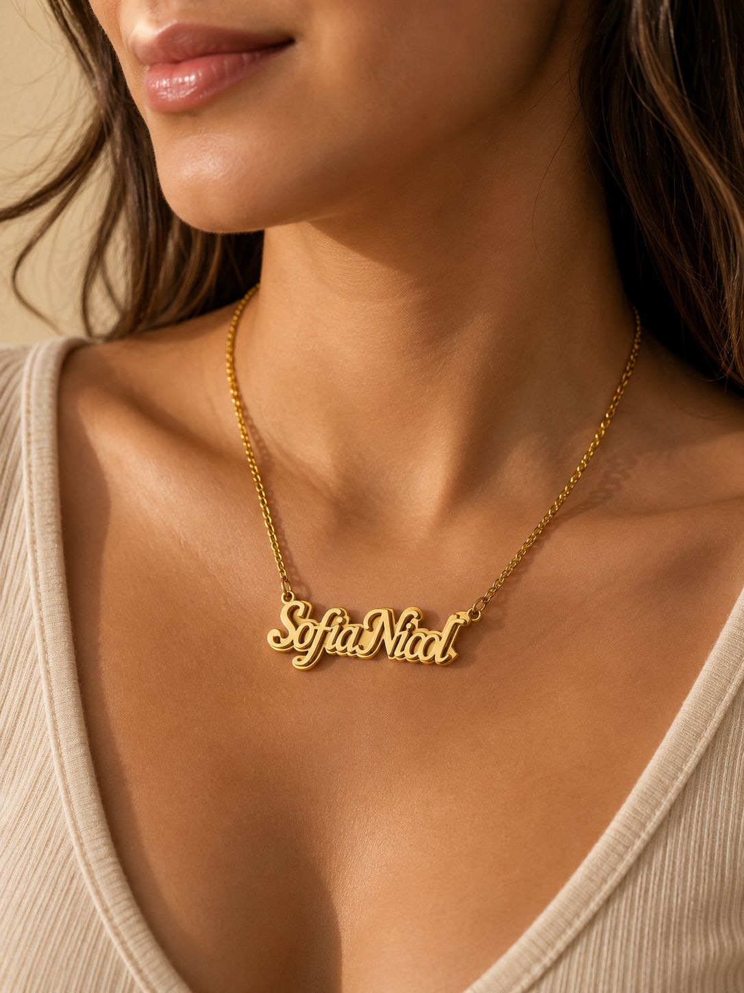 Collar doble fondo con nombre bañado oro 18K