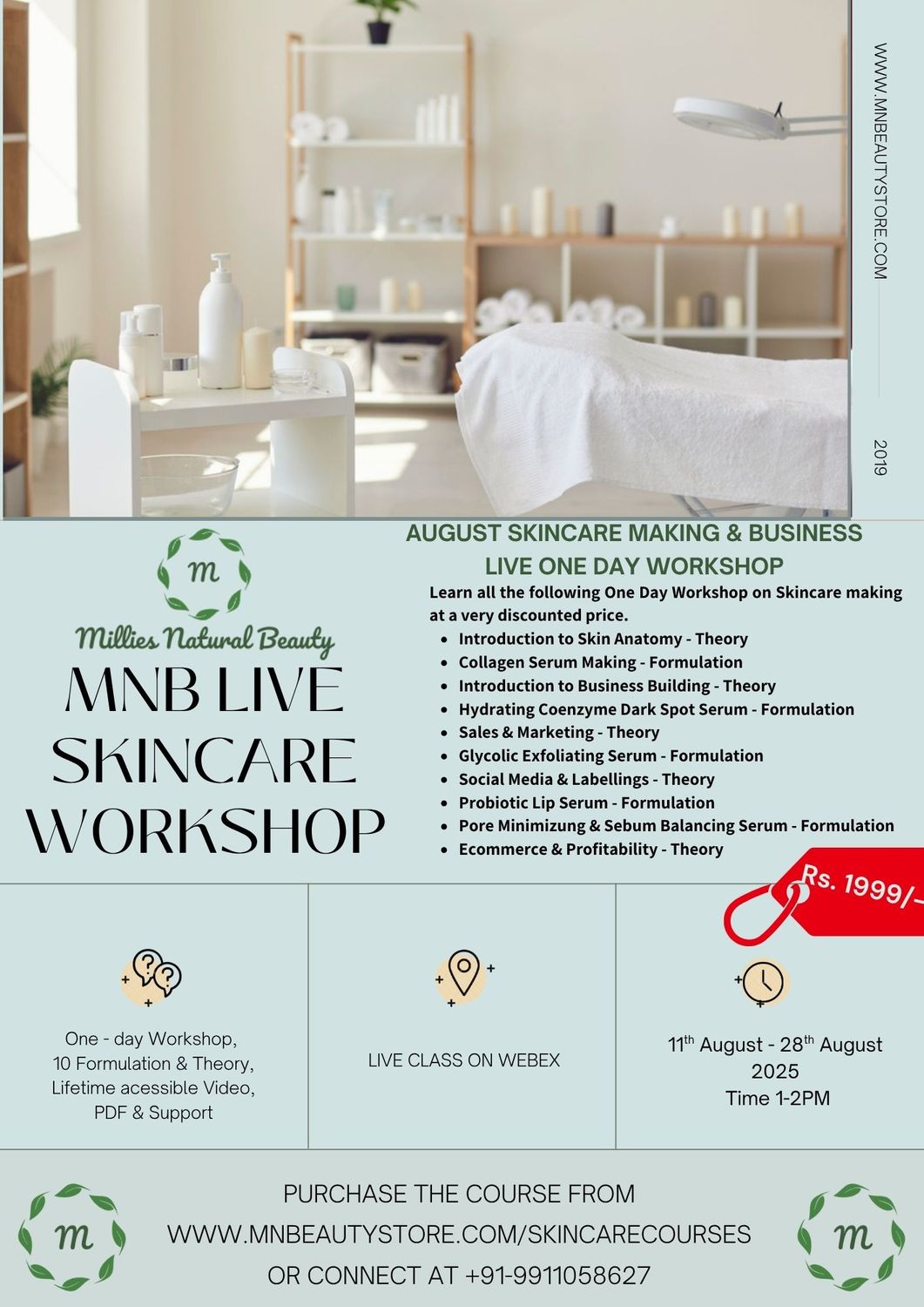 AUGUST Skincare &amp; Business Workshop Schedule - 10 One Day Workshop 11th - 28th August 2025. Buy all at Once