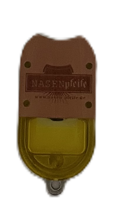 Nasenpfeife mit Echtholz-Abdeckung, gelb transparent Nasenpfeife mit Echtholz-Abdeckung, gelb transparent