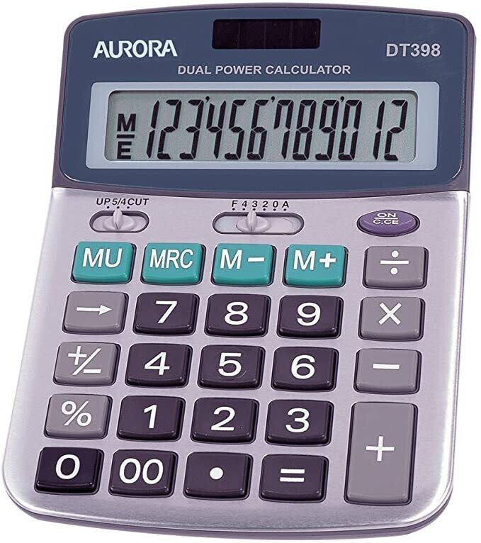 Aurora Semi-desk Calculator, 12 Digit, 3 Key, Battery/Solar Power, Grey
