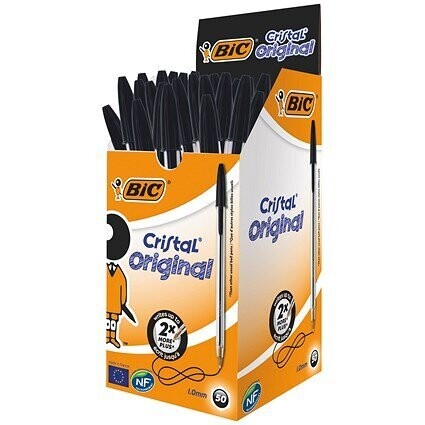 Bic Cristal Ball Pen, Clear Barrel, Black, Pack of 50