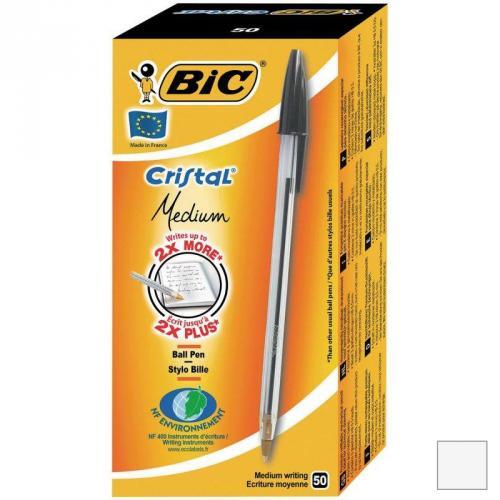 Bic Cristal Ball Pen, Clear Barrel, Black, Pack of 50