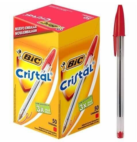 Bic Cristal Ball Pen, Clear Barrel, Red, Pack of 50