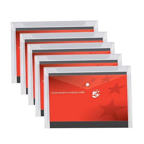 5 Star A4 Envelope Wallets, Clear, Pack of 5