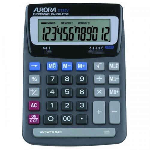 Aurora Desktop Calculator, 12 Digit, 2x3 Key, Battery/Solar Power, Black