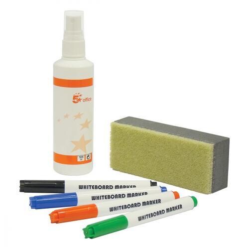 5 Star Drywipe Starter Kit - Includes Eraser, Cleaner & 4 Assorted Whiteboard Markers