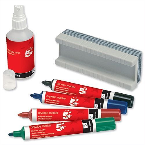 5 Star Drywipe Starter Kit - Includes Eraser, Cleaner & 4 Assorted Whiteboard Markers