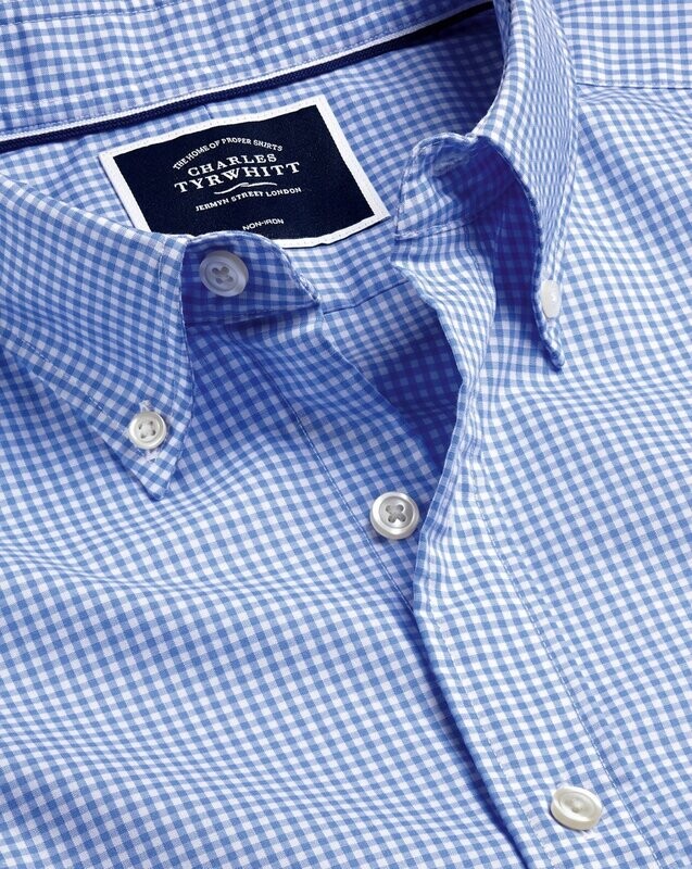 Button-Down Collar Non-Iron Stretch Poplin Mini Gingham Shirt - Ocean Blue