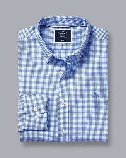 Button-Down Collar Non-Iron Stretch Poplin Mini Gingham Shirt - Ocean Blue