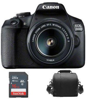 Canon EOS 2000D Camera, EF-S 18-55mm III Lens, Bag and 16GB SD Card