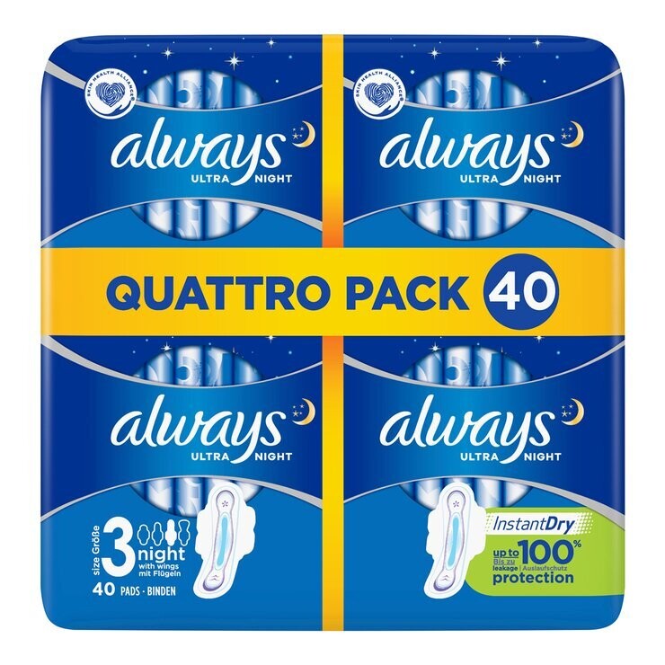 Always Ultra Night Size 3 Sanitary Towels with Wings, 40 Pads