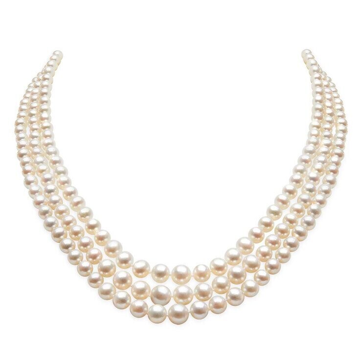 7-4mm Cultured Freshwater White 3 Strand Graduated Pearl Necklace, 18ct Yellow Gold
