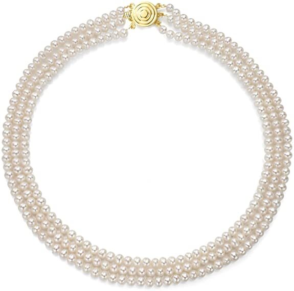 7-4mm Cultured Freshwater White 3 Strand Graduated Pearl Necklace, 18ct Yellow Gold