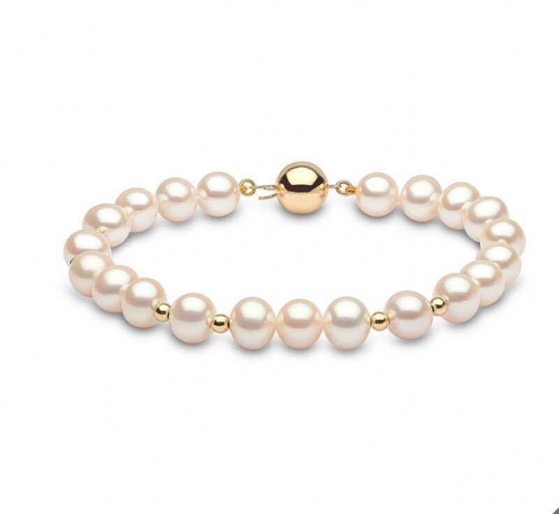 7.5-8mm Cultured Freshwater White Pearl and Gold Bead Bracelet, 18ct Yellow Gold