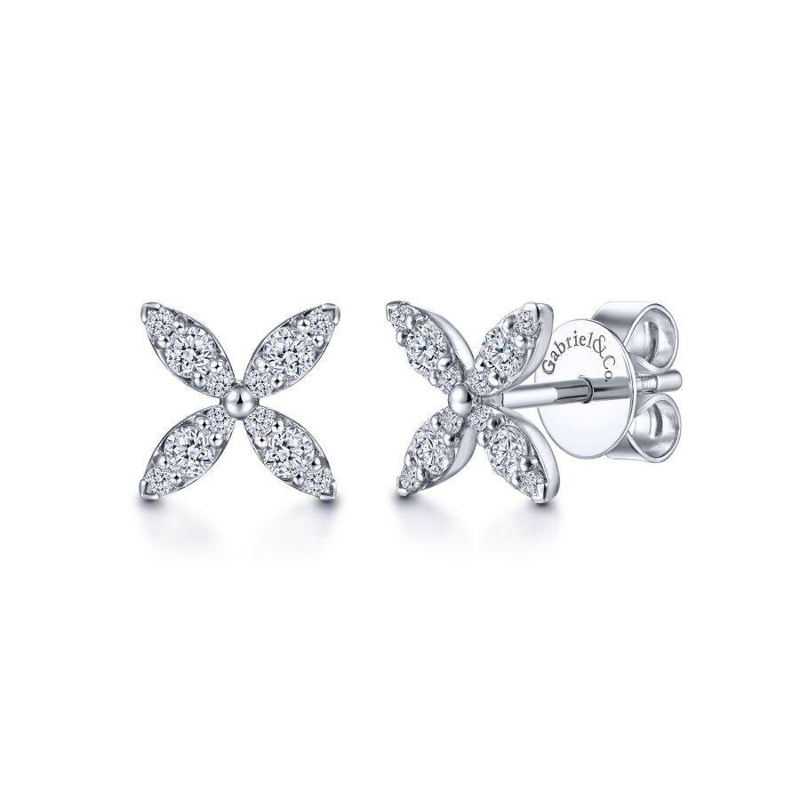 0.90ctw Round Brilliant Cut Diamond Flower Stud Earrings, 14ct White Gold