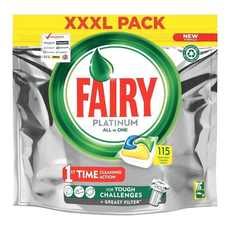 Fairy Platinum All in One Lemon Dishwasher Capsules, 115 Pack