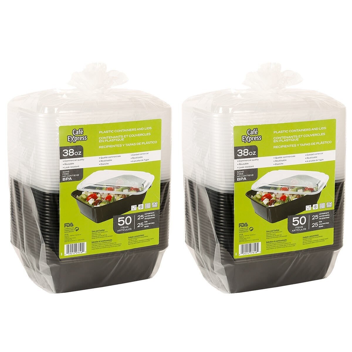 Café Express 38oz Black Plastic Reusable Containers with Clear Lids, 100 Pack