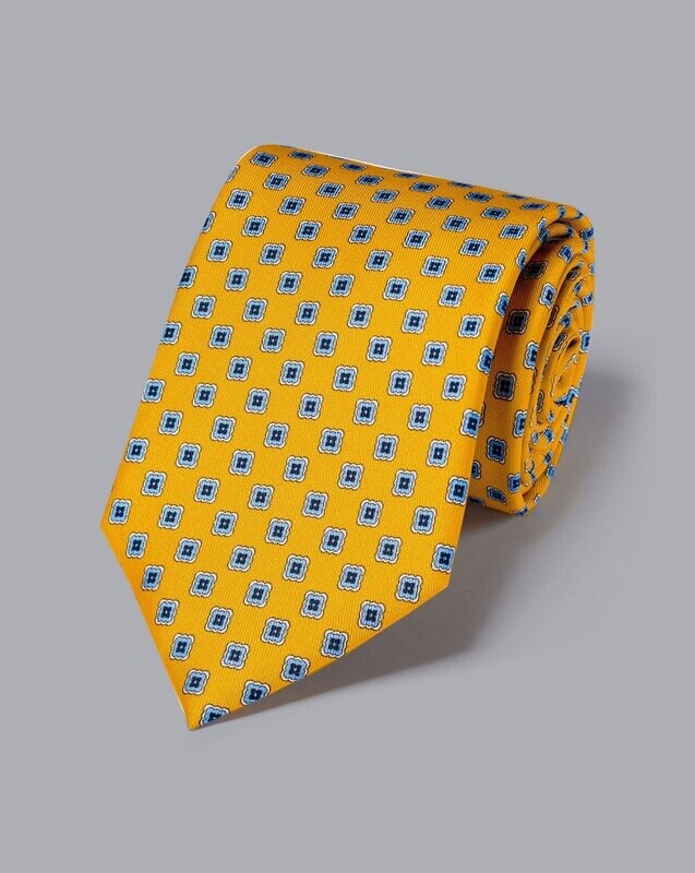 Silk Geometric Print Tie - Gold & Sky