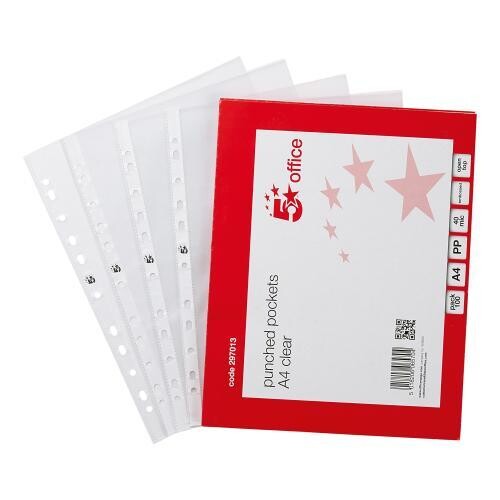 5 Star A4 Premium Plastic Punched Pockets, 60 Micron, Pack of 100