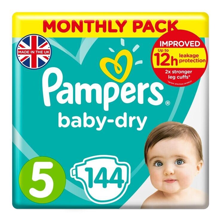 Pampers Baby Dry Nappies Size 5, Monthly 144 Pack