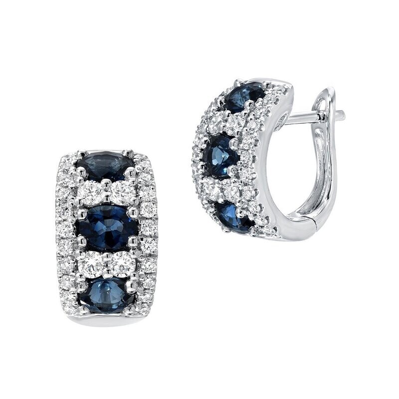 Oval Blue Sapphire and 0.45ctw Diamond Hoop Earrings, 18ct White Gold Oval Blue Sapphire and 0.45ctw Diamond Hoop Earrings, 18ct White Gold