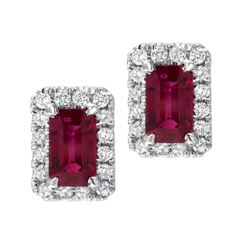 Octagon Ruby and 0.15ctw Diamond Stud Earrings, 18ct White Gold Octagon Ruby and 0.15ctw Diamond Stud Earrings, 18ct White Gold