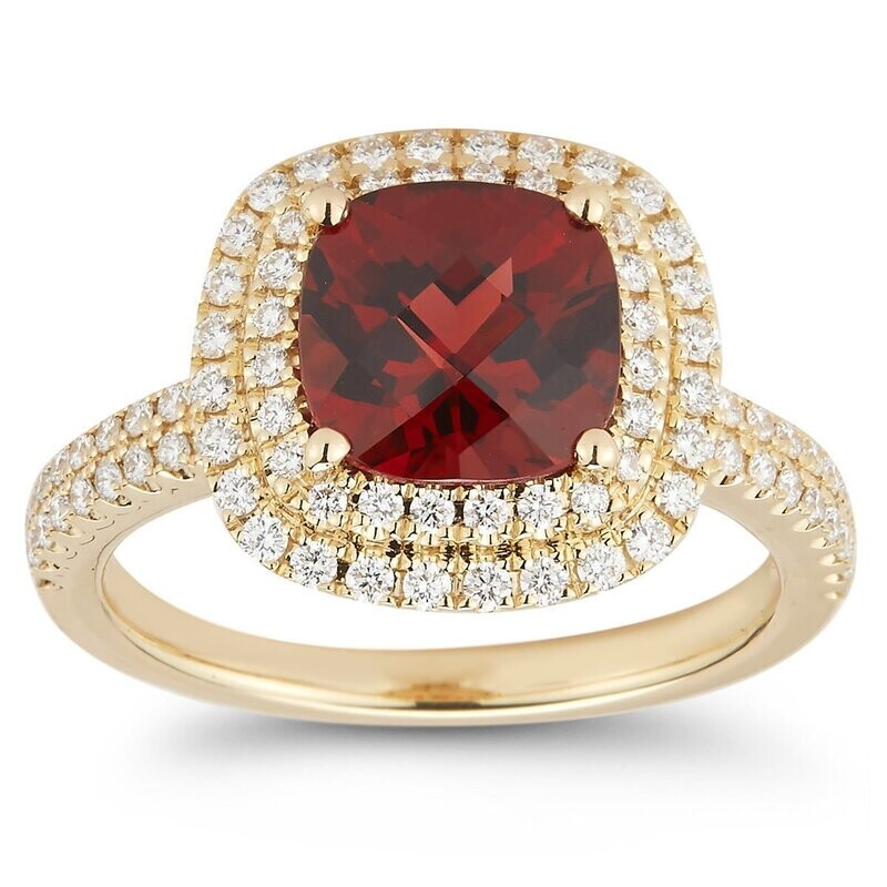 Cushion Cut Garnet and 0.47ctw Diamond Ring, 18ct Yellow Gold Cushion Cut Garnet and 0.47ctw Diamond Ring, 18ct Yellow Gold