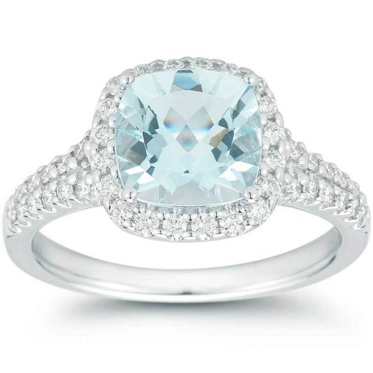 Cushion Cut Aquamarine and 0.43ctw Diamond Ring, 18ct White Gold Cushion Cut Aquamarine and 0.43ctw Diamond Ring, 18ct White Gold