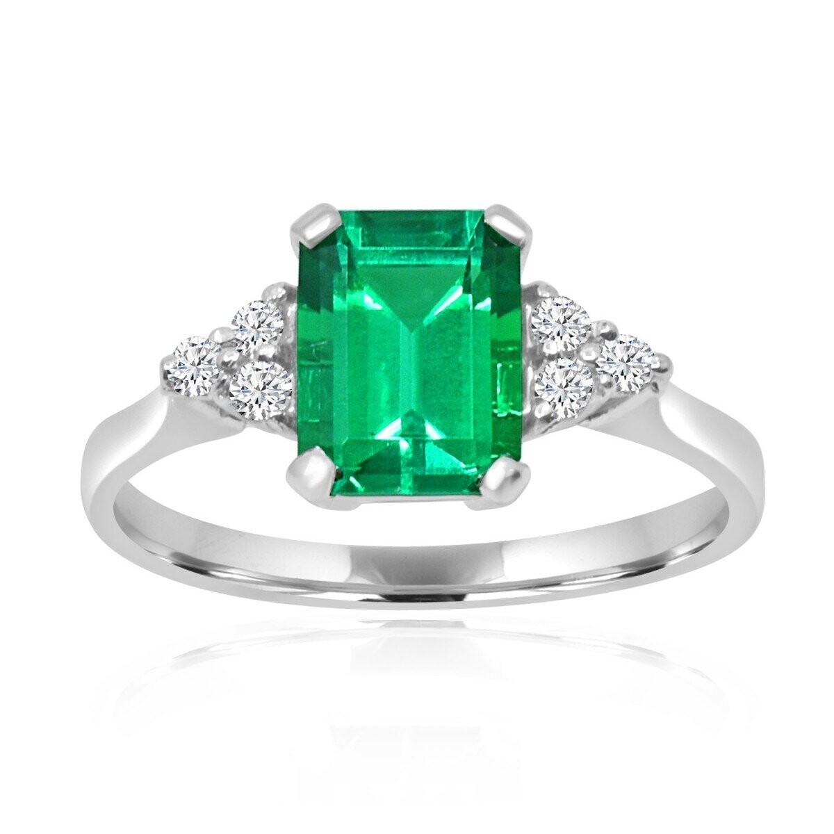Oval Cut Lab Created Emerald & 0.23ctw Diamond Ring, 14ct White Gold