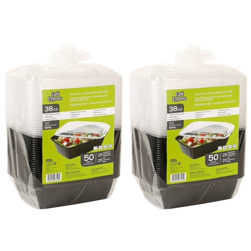 Café Express 38oz Black Plastic Reusable Containers with Clear Lids, 100 Pack