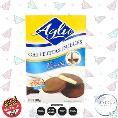 Galletas Dulces de Vainilla Bañadas con Chocolate Aglu, Sin Tacc, 180 g / 6,35 oz