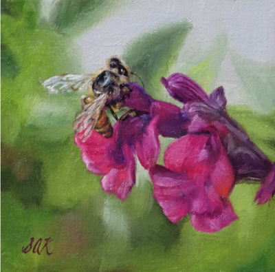 'Bee Tenacious' 6x6 Oil on Linen by Sonja A Kever 'Bee Tenacious' 6x6 Oil on Linen by Sonja A Kever