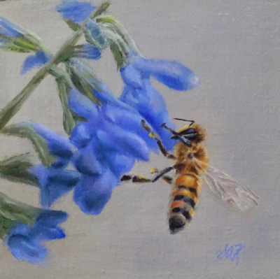 'Bee Happy' 6x6 Oil on Linen by Sonja A Kever 'Bee Happy' 6x6 Oil on Linen by Sonja A Kever