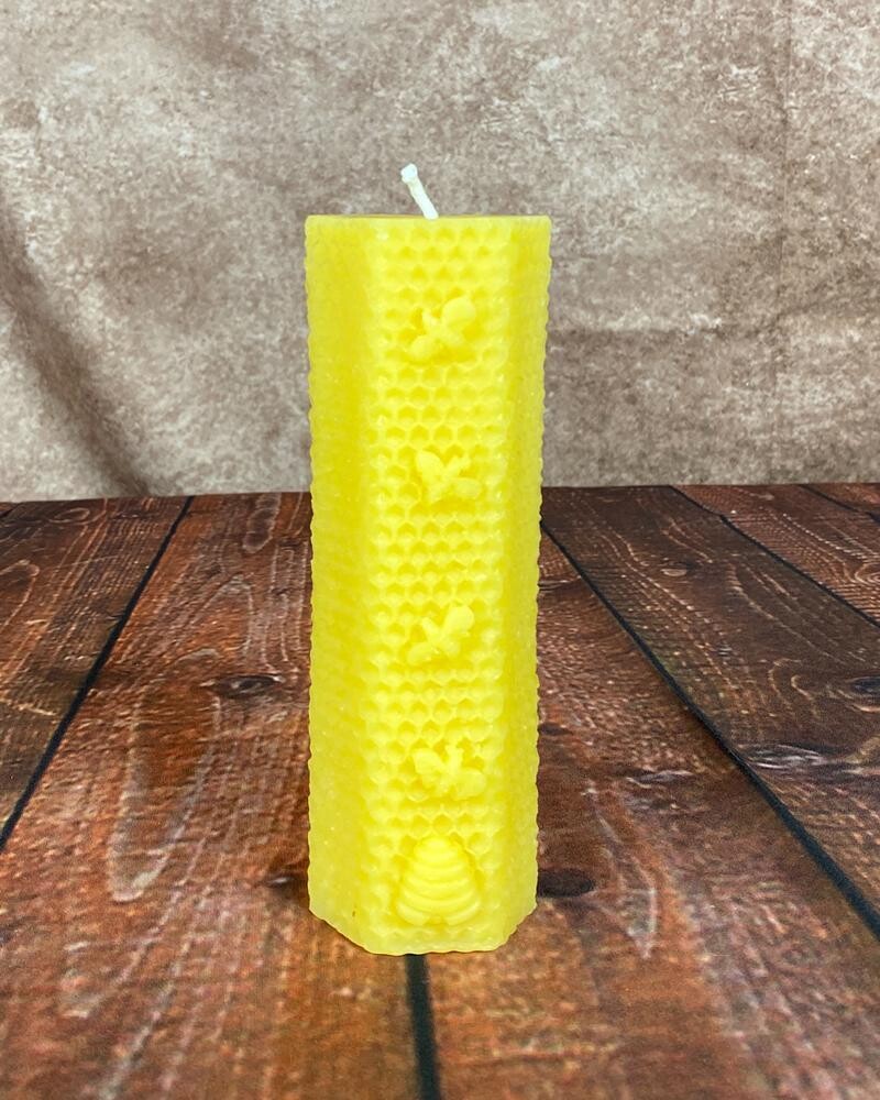 Pillar w/ Bees Hexagon Beeswax Candle