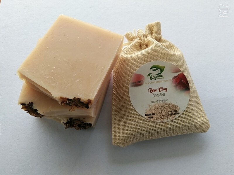 Organic Kreations Rose &amp; Kaolin Clay Organic Soap, Handmade, Vegan organic Soap Bar for Cleansing, Acne &amp; Skin Softening, Rose Pink color