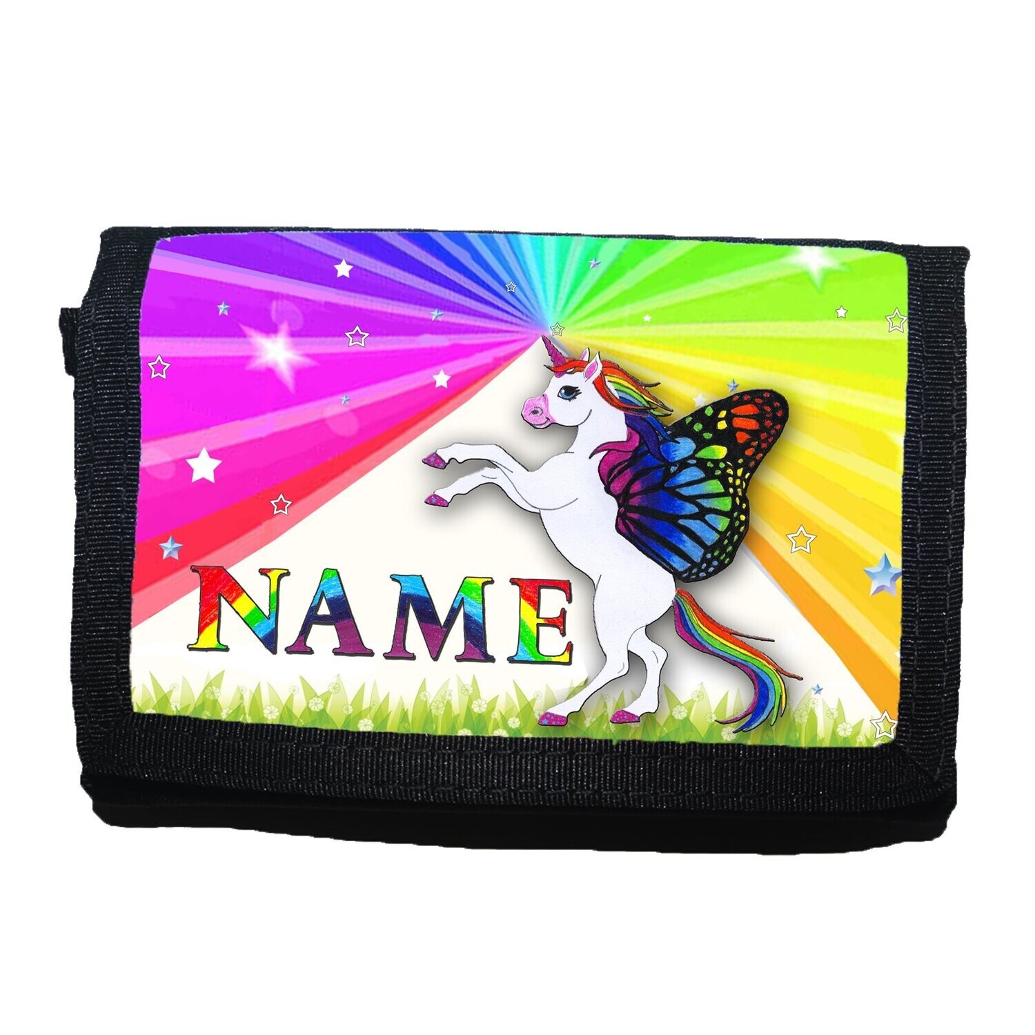 Zauberhafter Geldbeutel mit Einhorn-Motiv, das Schmetterlingsflügel hat, und einem Hintergrund in allen Regenbogenfarben, personalisierbar mit Namen. Perfekt für kleine Einhorn-Liebhaber und Träumer.